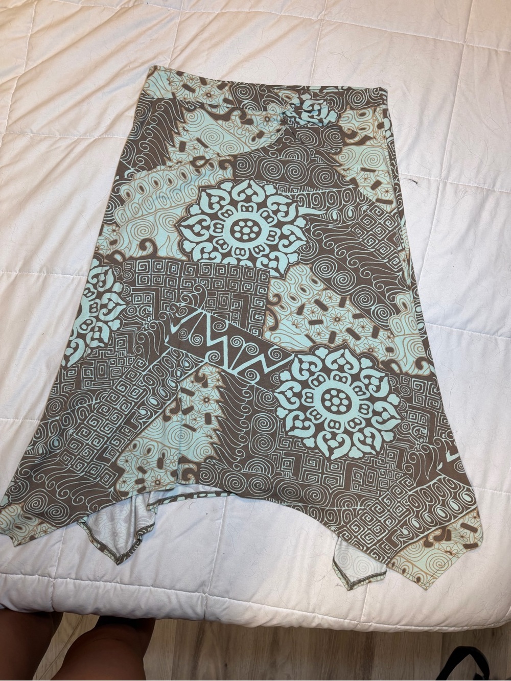 Patterned Handkerchief-Hem Midi Skirt in Brown and Light Blue